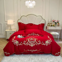 Thumbnail for Gold Red Rose Flowers Embroidery Luxury Duvet Cover, Cotton Bedding Set