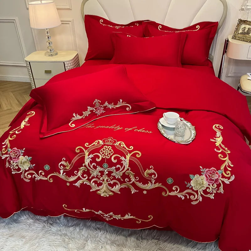 Gold Red Rose Flowers Embroidery Luxury Duvet Cover, Cotton Bedding Set