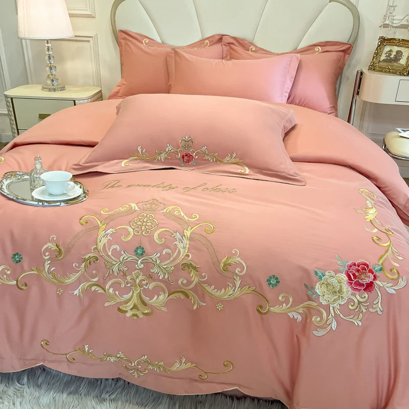 Gold Red Rose Flowers Embroidery Luxury Duvet Cover, Cotton Bedding Set