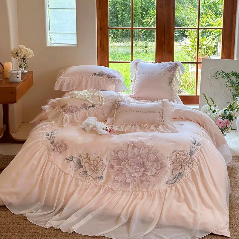 Pink Romantic Flowers Embroidery Duvet Cover, 1200TC Egyptian Cotton Bedding Set