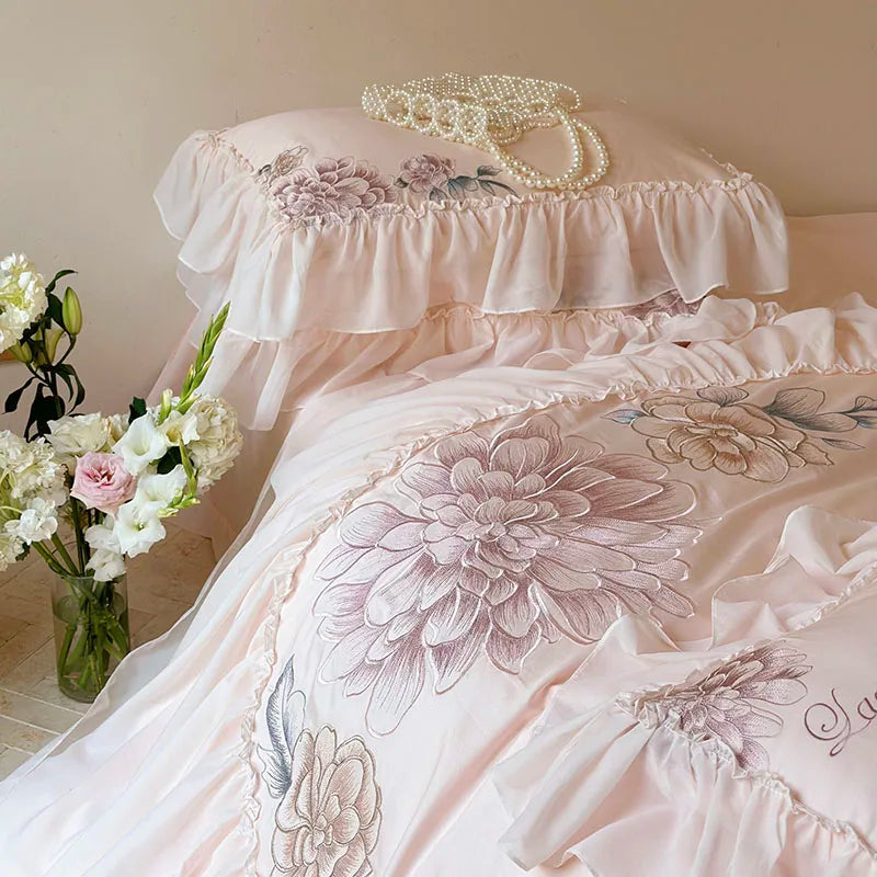 Pink Romantic Flowers Embroidery Duvet Cover, 1200TC Egyptian Cotton Bedding Set