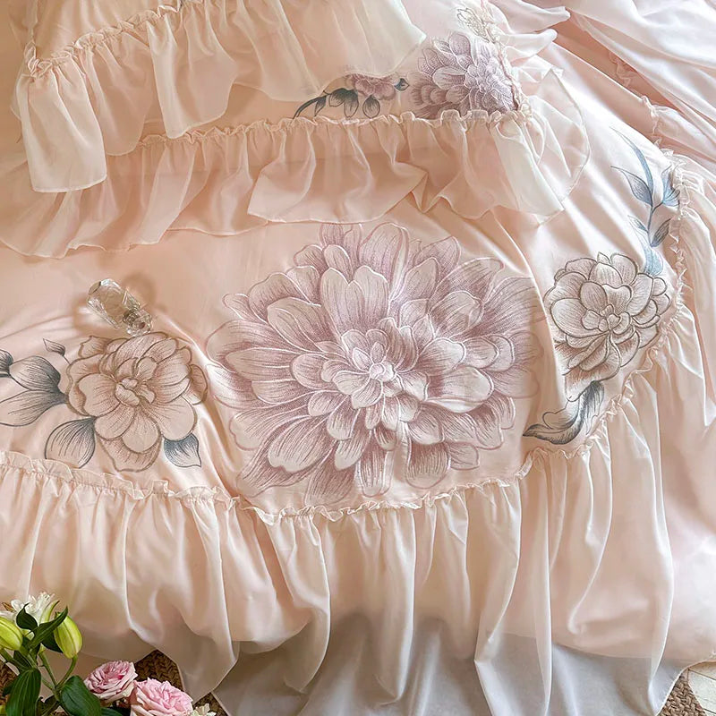 Pink Romantic Flowers Embroidery Duvet Cover, 1200TC Egyptian Cotton Bedding Set