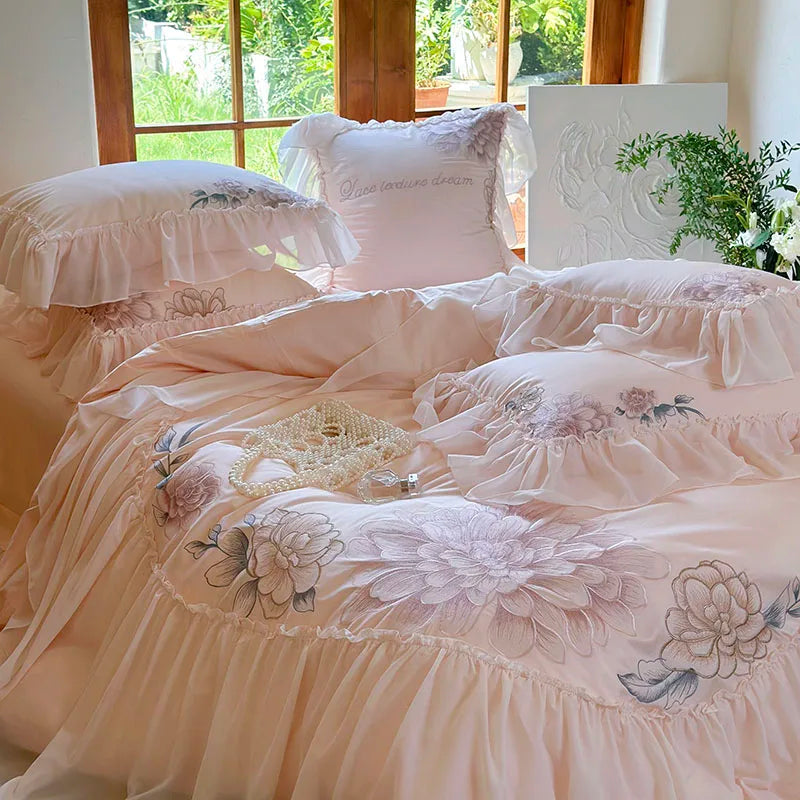 Pink Romantic Flowers Embroidery Duvet Cover, 1200TC Egyptian Cotton Bedding Set