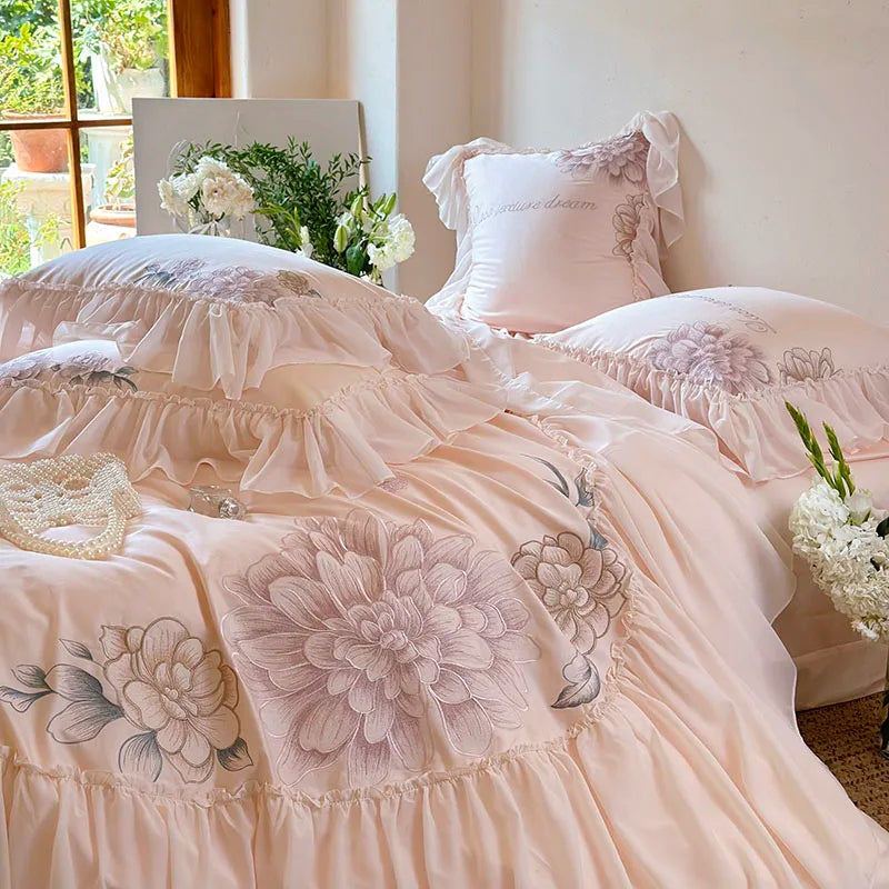 Pink Romantic Flowers Embroidery Duvet Cover, 1200TC Egyptian Cotton Bedding Set