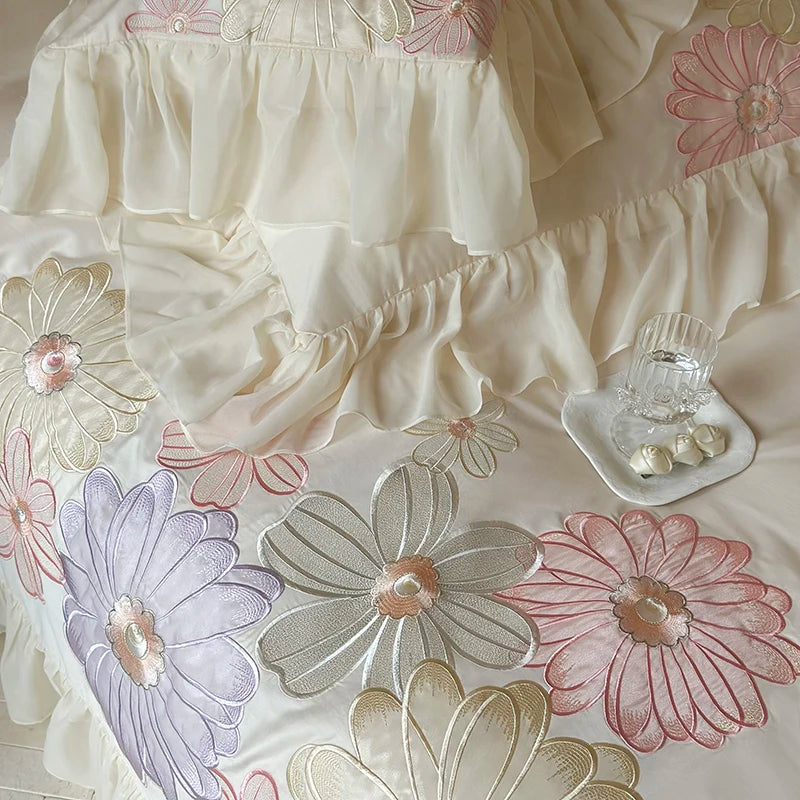 White Purple Romantic Flowers Embroidery Princess Duvet Cover, 1200TC Egyptian Cotton Bedding Set