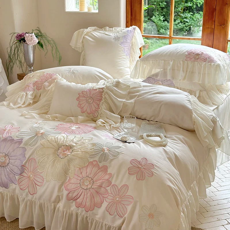 White Purple Romantic Flowers Embroidery Princess Duvet Cover, 1200TC Egyptian Cotton Bedding Set