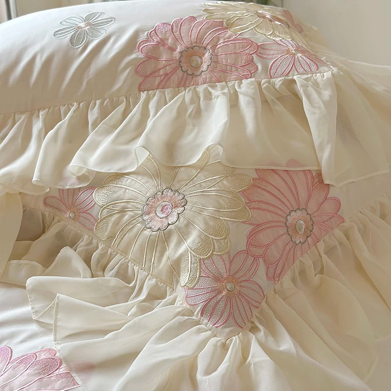 White Purple Romantic Flowers Embroidery Princess Duvet Cover, 1200TC Egyptian Cotton Bedding Set