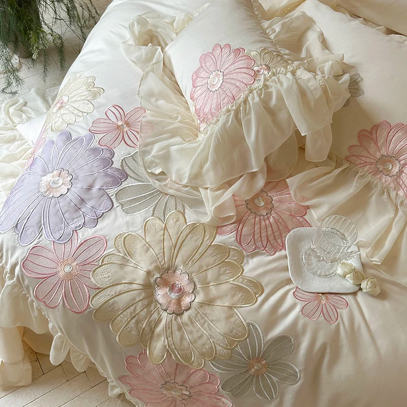 White Purple Romantic Flowers Embroidery Princess Duvet Cover, 1200TC Egyptian Cotton Bedding Set