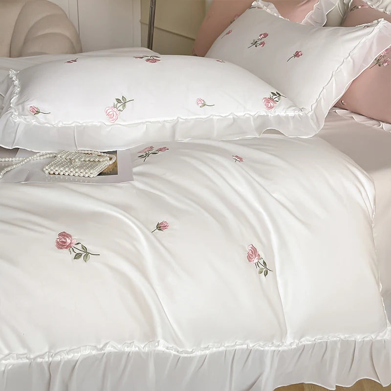 Purple White Rose Flowers Embroidery Wedding Duvet Cover, 100% Cotton Bedding Set