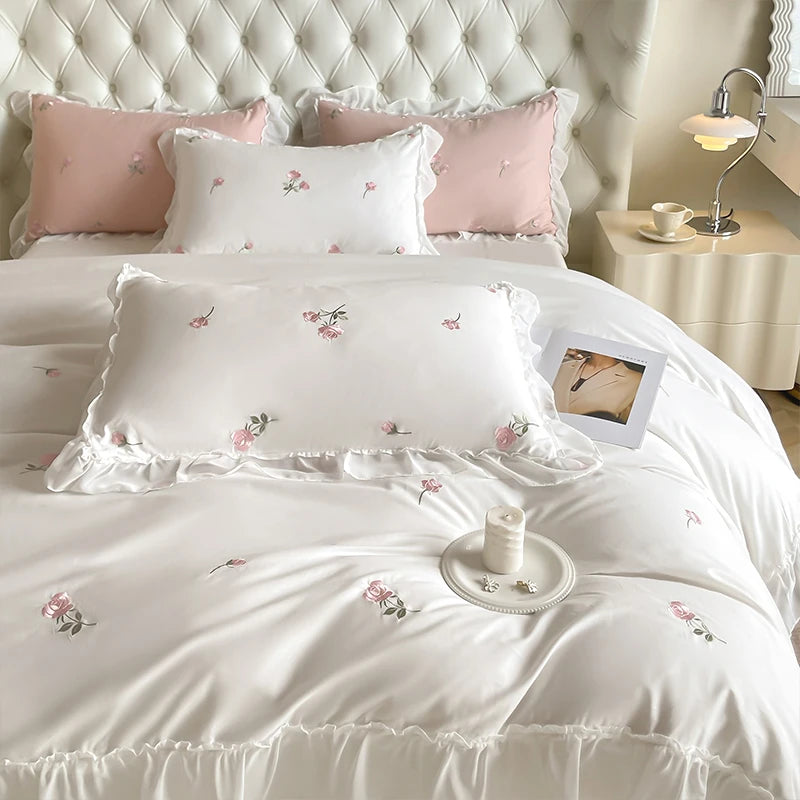 Purple White Rose Flowers Embroidery Wedding Duvet Cover, 100% Cotton Bedding Set