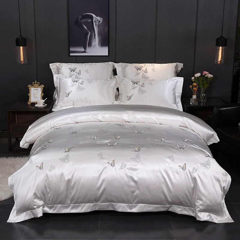 White Luxury Butterfly Royal Wedding Embroidered Duvet Cover 100% Cotton Bedding Set