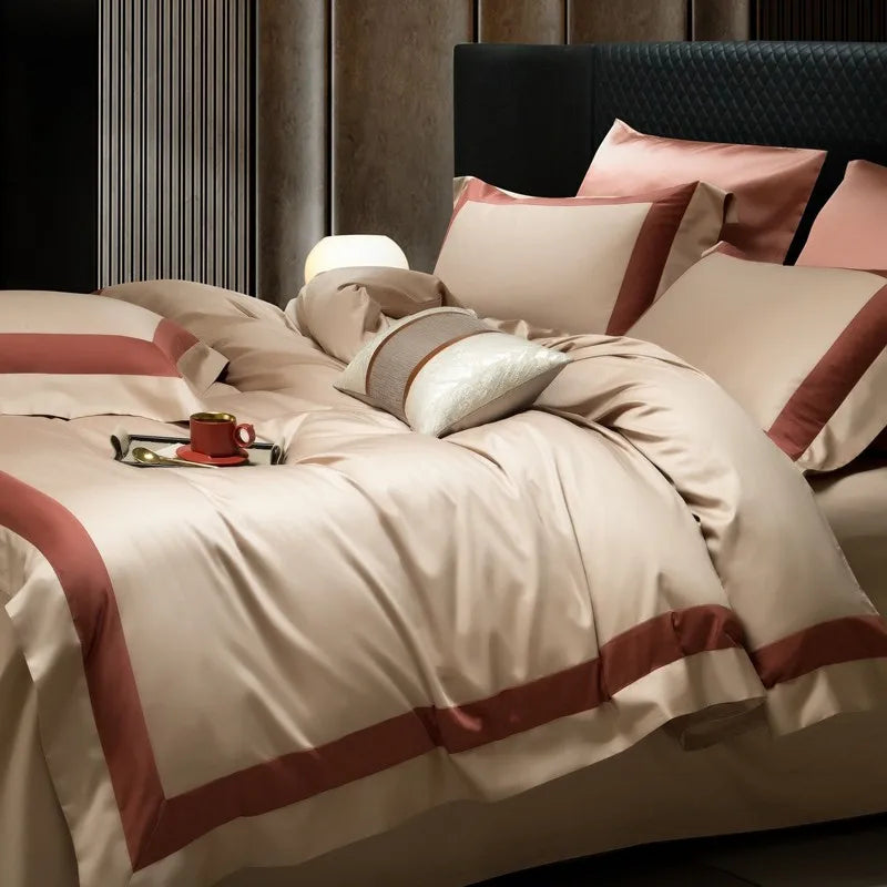 Luxury Brown Red Long Striped Egyptian Cotton Sateen 1000TC Patchwork Bedding Set
