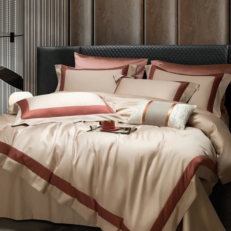 Luxury Brown Red Long Striped Egyptian Cotton Sateen 1000TC Patchwork Bedding Set