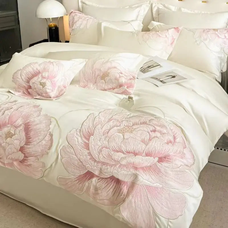 Premium Flower Embroidery Wedding Duvet Cover, 600TC Egyptian Cotton Bedding Set