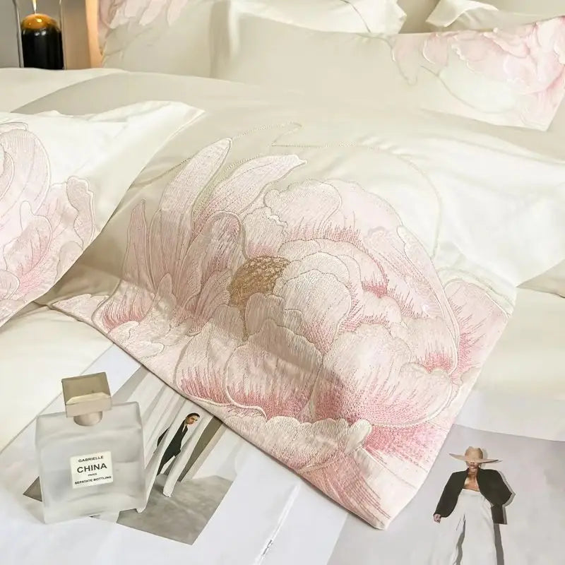 Premium Flower Embroidery Wedding Duvet Cover, 600TC Egyptian Cotton Bedding Set