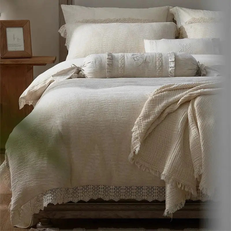 Premium Vintage French Lace Cotton Linen Jacquard Bedding Set