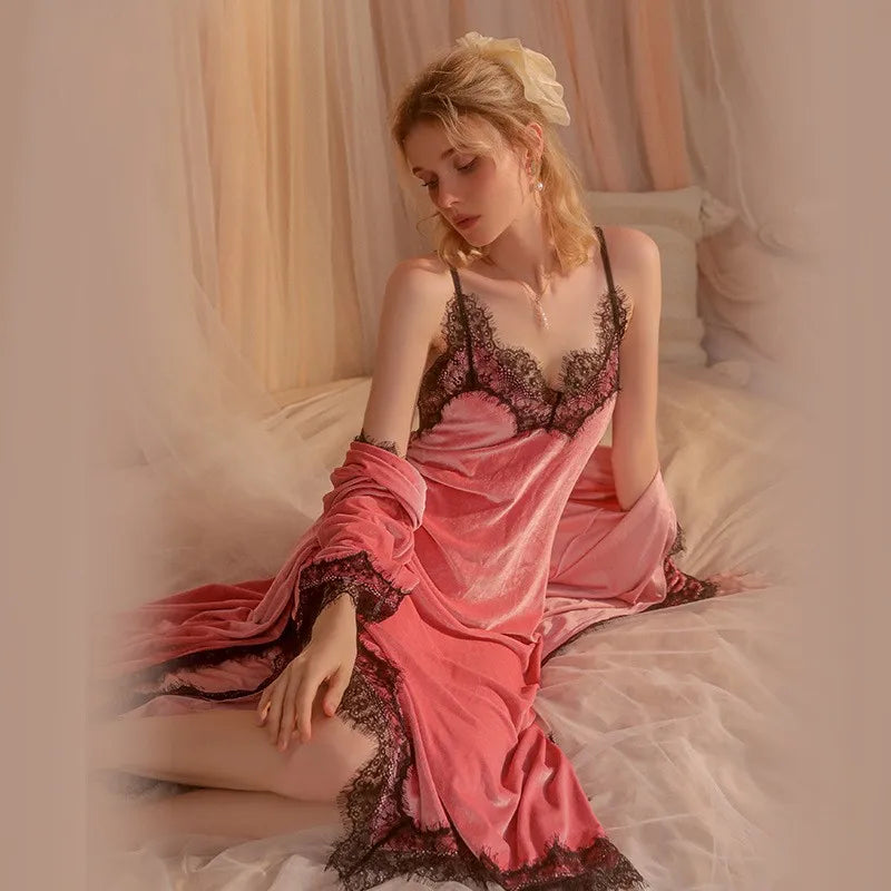 Red Pink Autumn Winter Velvet Bathrobe Gown Nightdress Lace Sleepwear