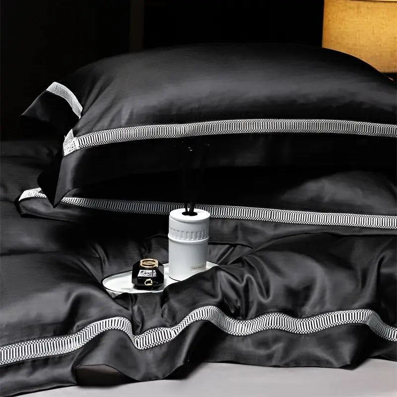 Black Grey European Luxury Patchwork Duvet Cover Mulberry Silk Bedding Set