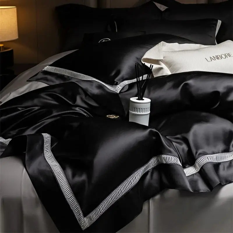 Black Grey European Luxury Patchwork Duvet Cover Mulberry Silk Bedding Set