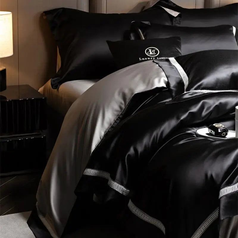 Black Grey European Luxury Patchwork Duvet Cover Mulberry Silk Bedding Set