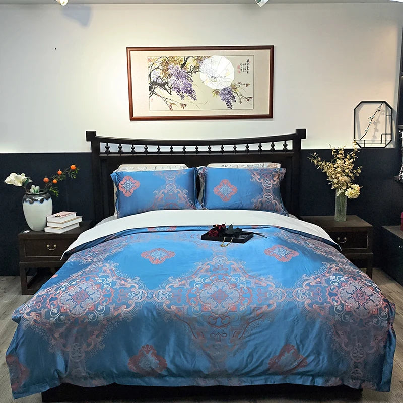 Luxury Blue European Satin Jacquard Hotel Duvet Cover Bedding Set