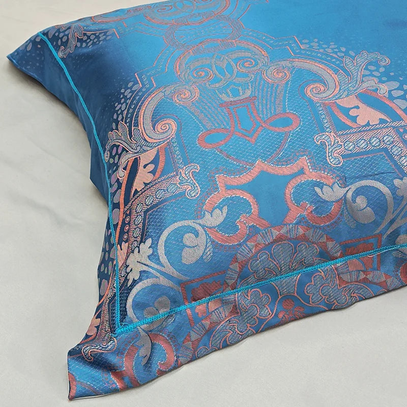 Luxury Blue European Satin Jacquard Hotel Duvet Cover Bedding Set