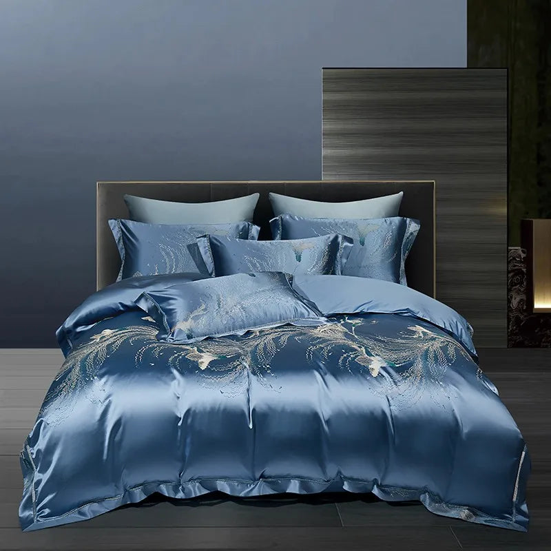 Luxury Blue Royal Silver Satin Cotton 800TC Duvet Cover Bedding Set