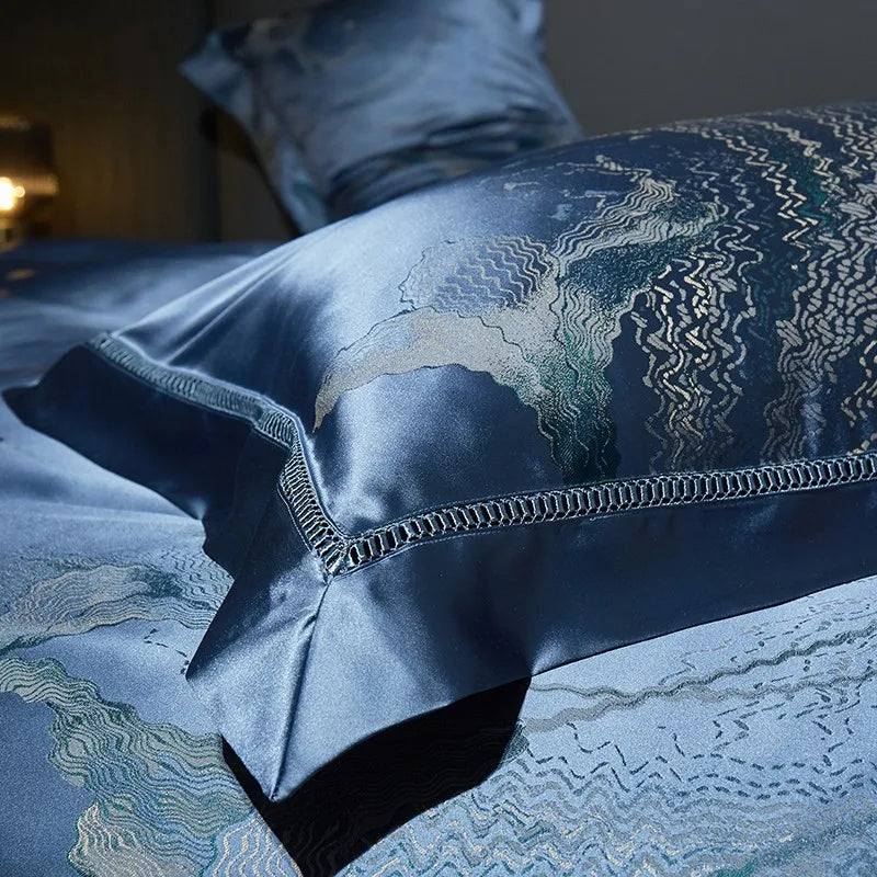 Luxury Blue Royal Silver Satin Cotton 800TC Duvet Cover Bedding Set