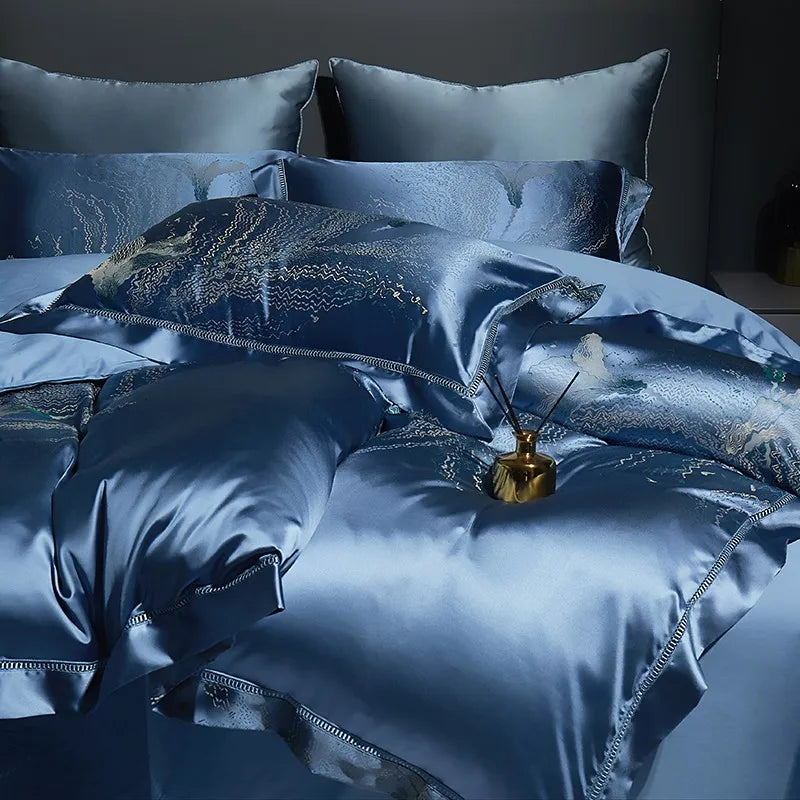 Luxury Blue Royal Silver Satin Cotton 800TC Duvet Cover Bedding Set