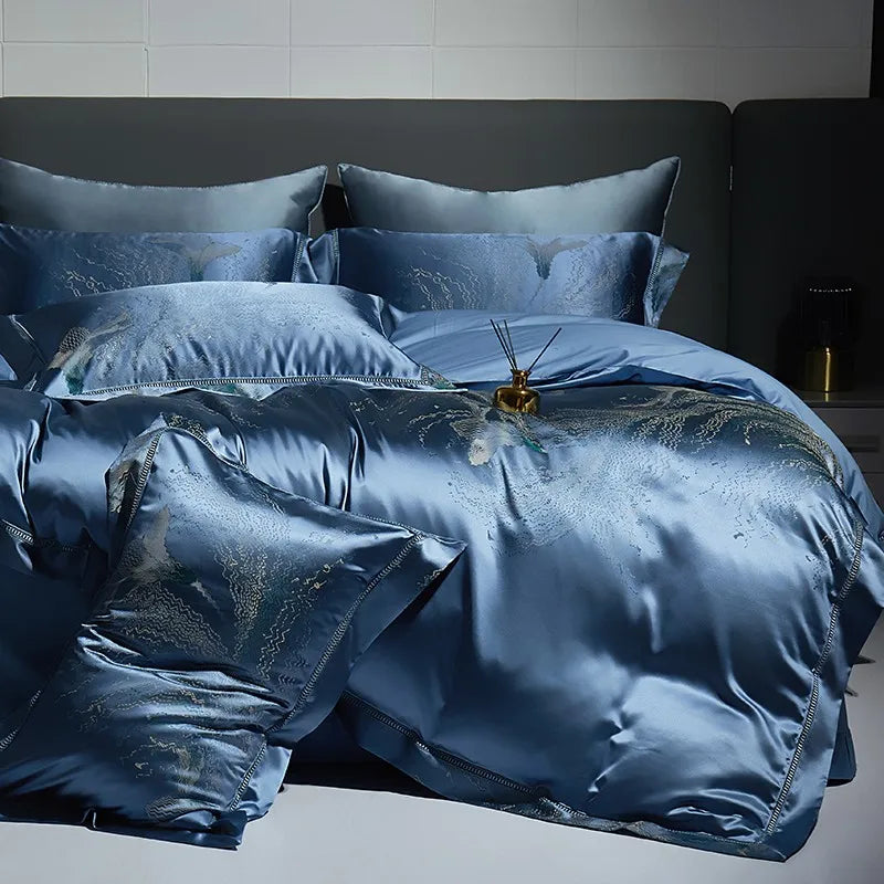 Luxury Blue Royal Silver Satin Cotton 800TC Duvet Cover Bedding Set