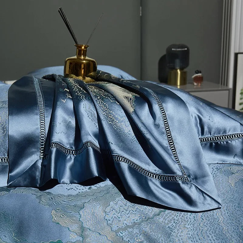 Luxury Blue Royal Silver Satin Cotton 800TC Duvet Cover Bedding Set