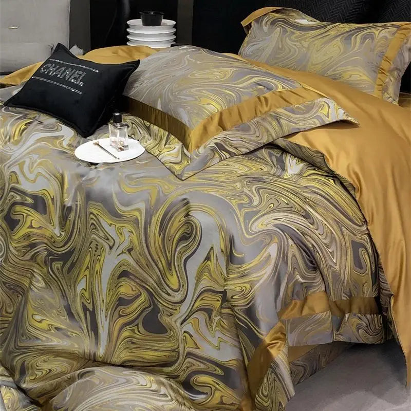 Luxury Gold Satin European Jacquard Egyptian Cotton 1000TC Bedding Set