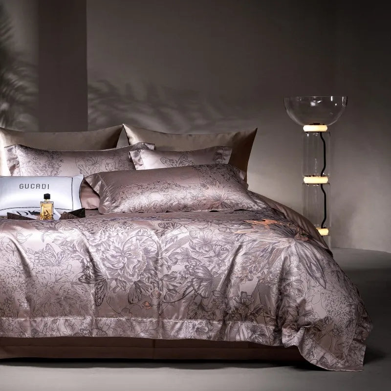 Brown Purple Jacquard Luxury Silky Soft Egyptian Cotton 1000TC Bedding Set