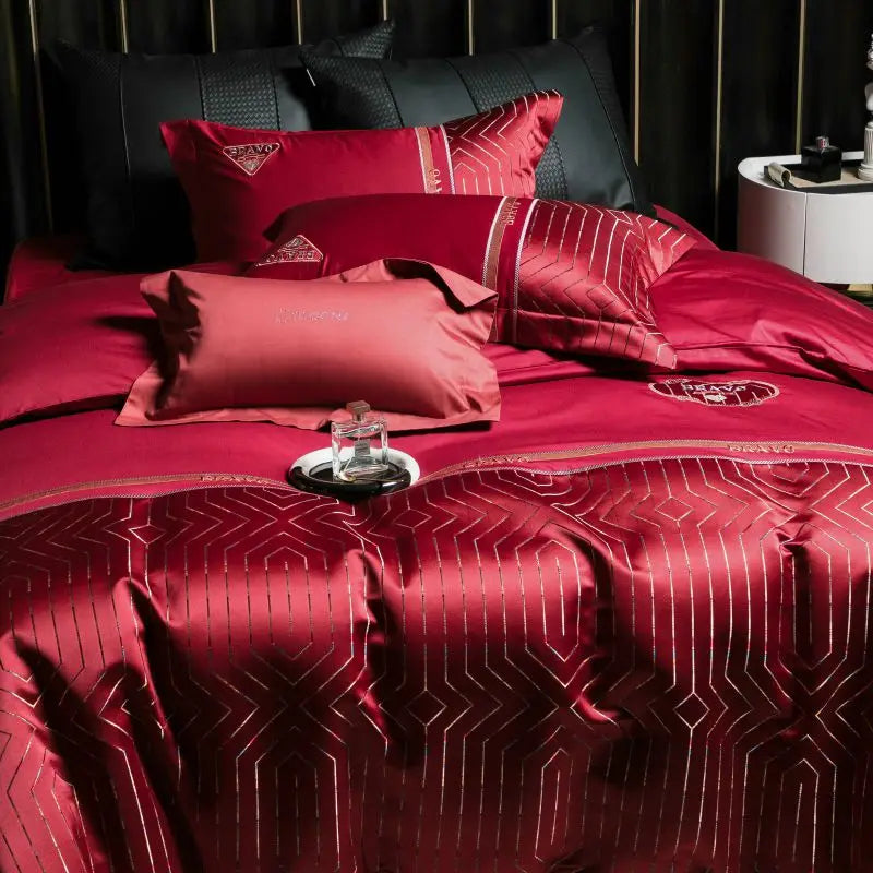 Burgundy Red Gold Luxury Embroidered Jacquard Egyptian Cotton Patchwork Bedding Set