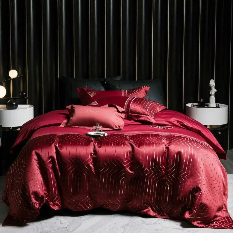 Burgundy Red Gold Luxury Embroidered Jacquard Egyptian Cotton Patchwork Bedding Set