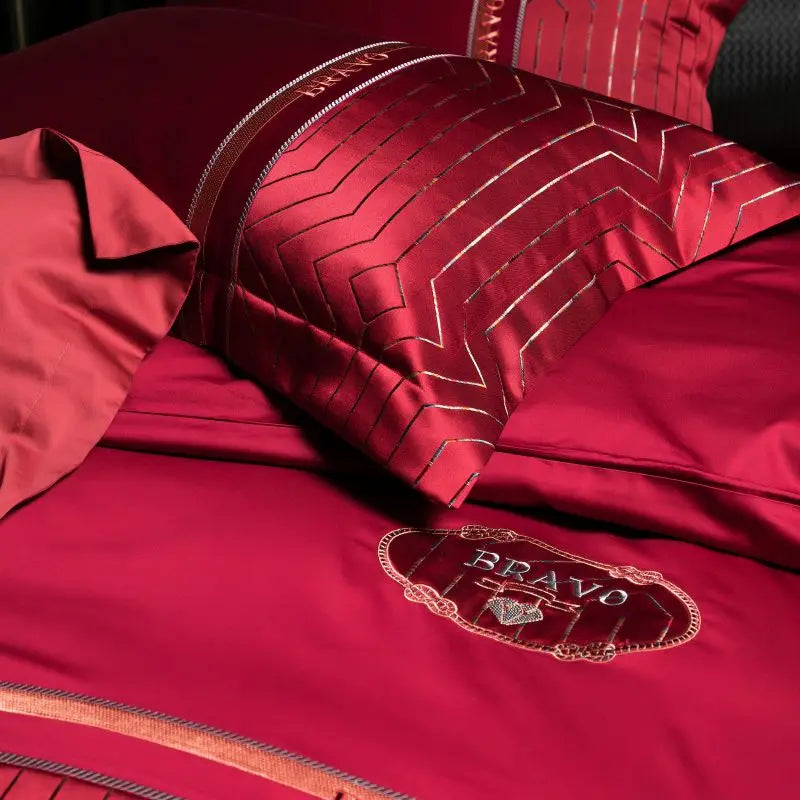 Burgundy Red Gold Luxury Embroidered Jacquard Egyptian Cotton Patchwork Bedding Set