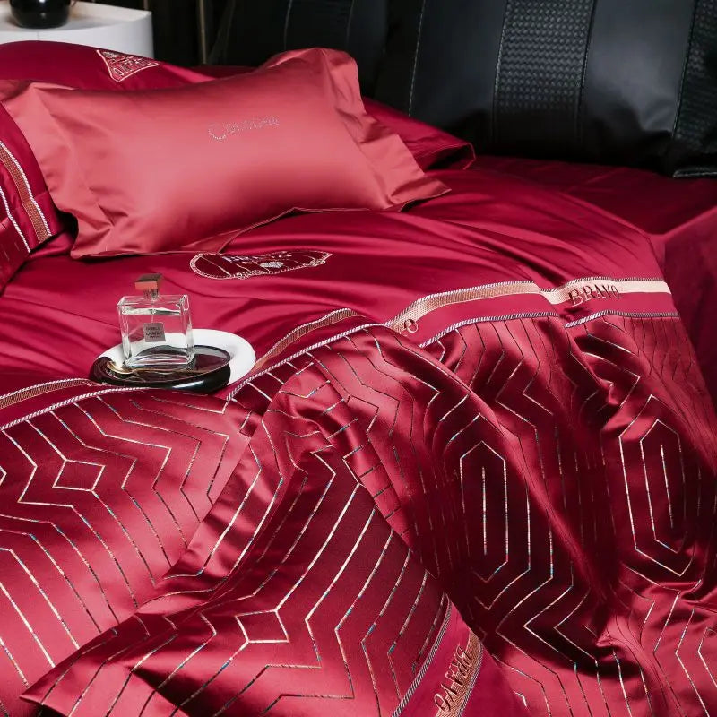 Burgundy Red Gold Luxury Embroidered Jacquard Egyptian Cotton Patchwork Bedding Set