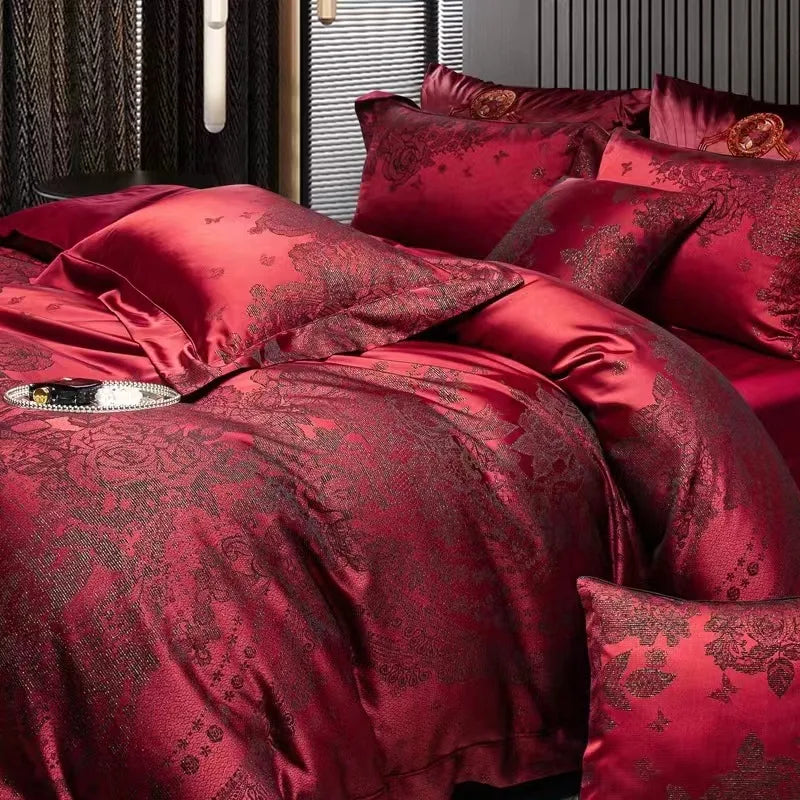 Luxury Rose Burgundy Red Luxury Jacquard Egyptian Cotton 1200TC Wedding Bedding Set