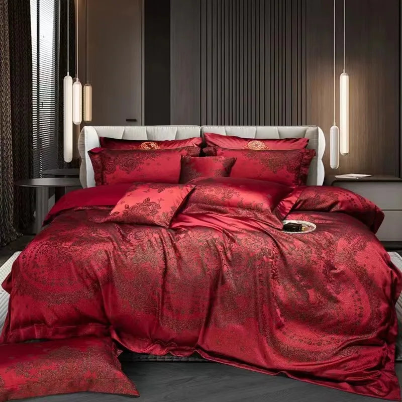 Luxury Rose Burgundy Red Luxury Jacquard Egyptian Cotton 1200TC Wedding Bedding Set