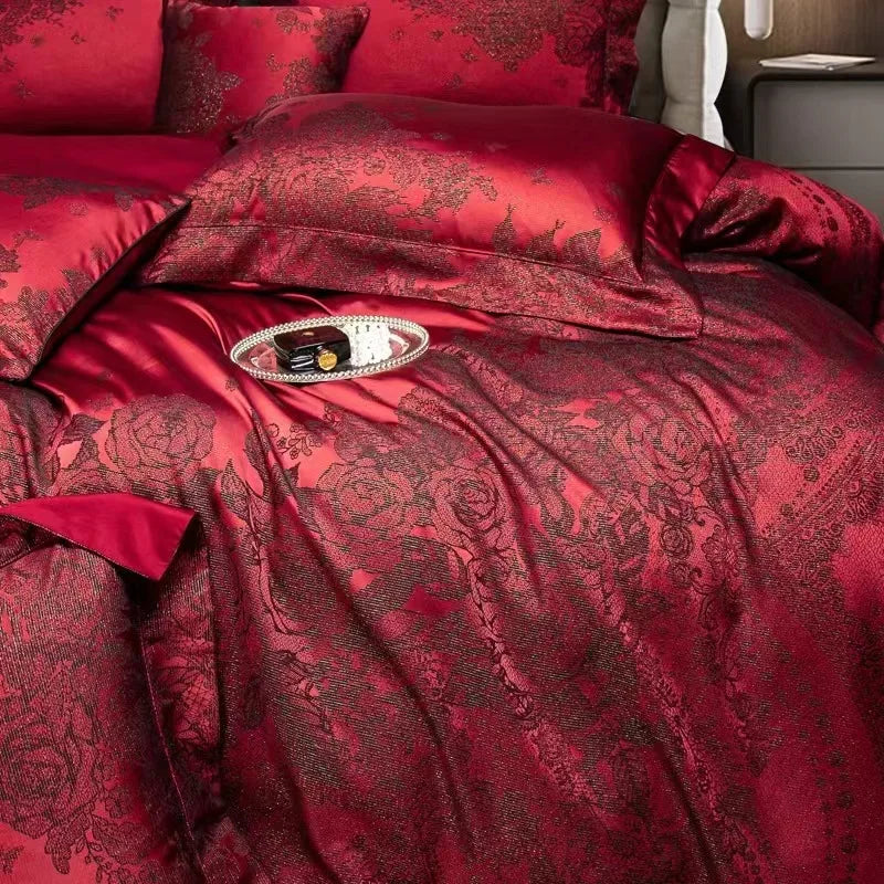 Luxury Rose Burgundy Red Luxury Jacquard Egyptian Cotton 1200TC Wedding Bedding Set