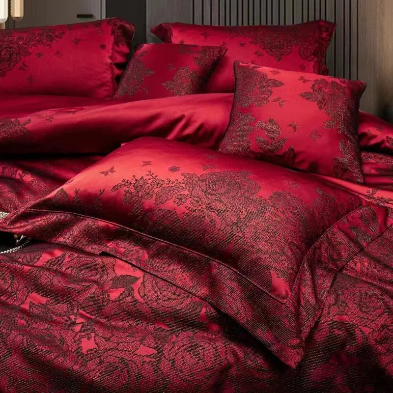 Luxury Rose Burgundy Red Luxury Jacquard Egyptian Cotton 1200TC Wedding Bedding Set