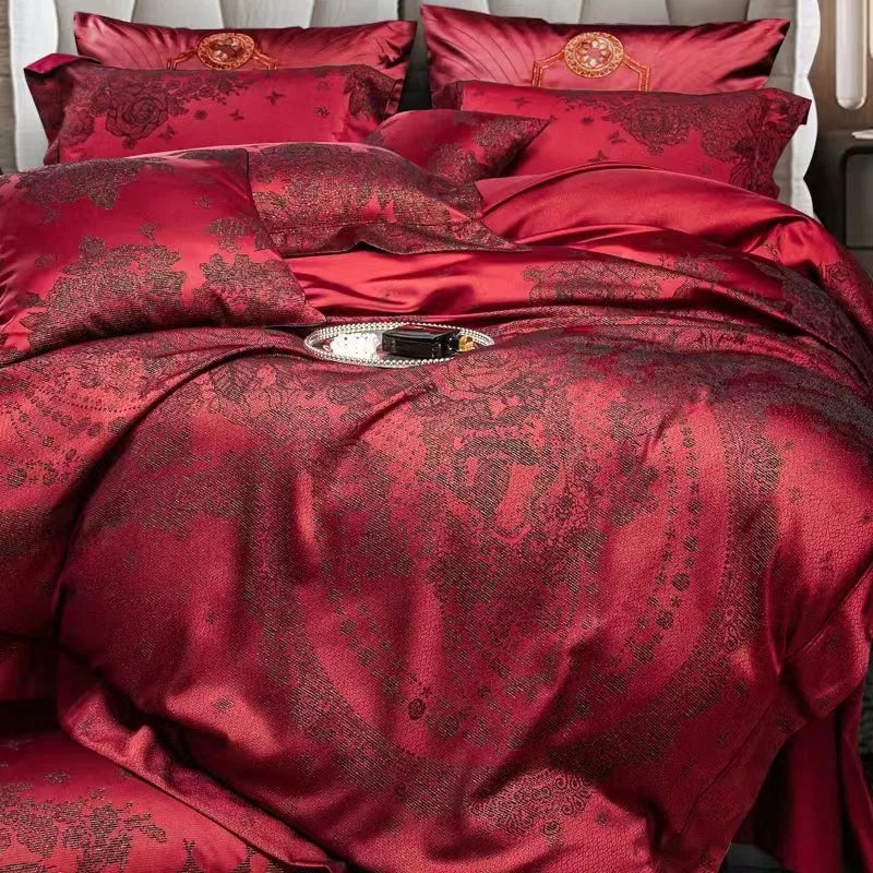 Luxury Rose Burgundy Red Luxury Jacquard Egyptian Cotton 1200TC Wedding Bedding Set