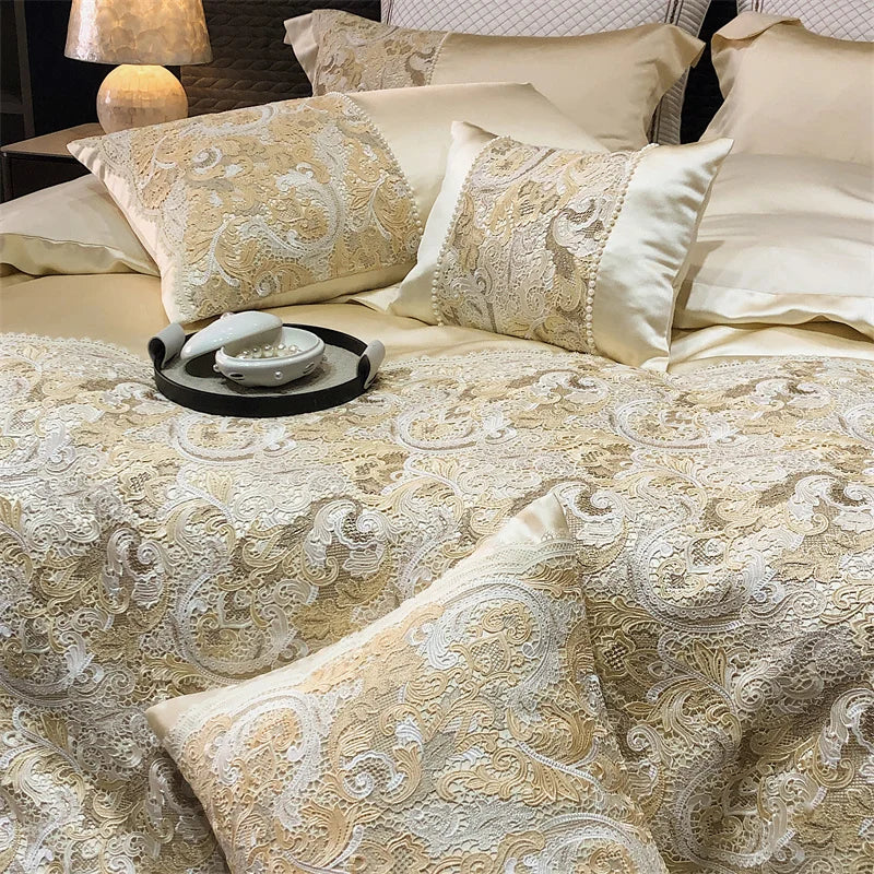 Gold Baroque European Luxury Egyptian Cotton Patchwork Bedding Set