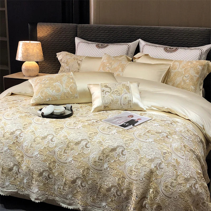 Gold Baroque European Luxury Egyptian Cotton Patchwork Bedding Set