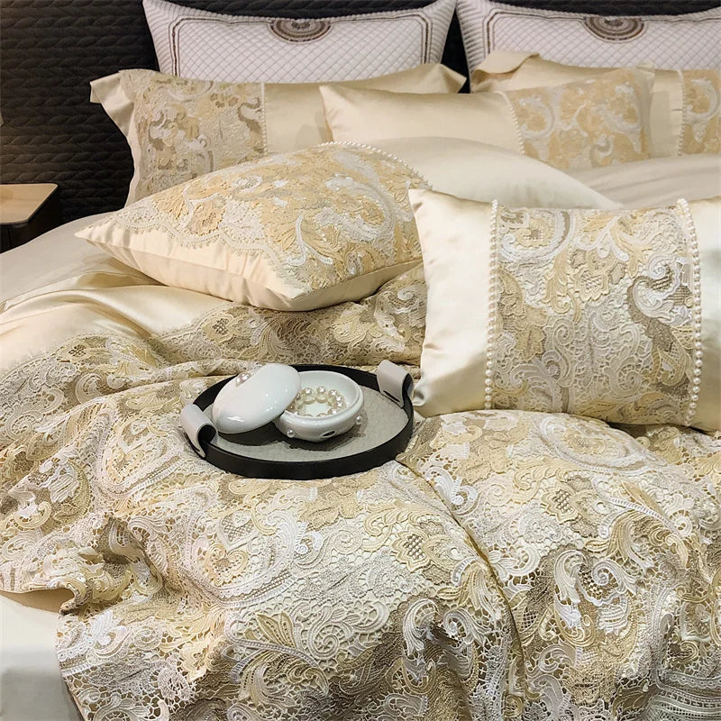 Gold Baroque European Luxury Egyptian Cotton Patchwork Bedding Set