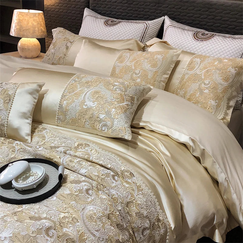 Gold Baroque European Luxury Egyptian Cotton Patchwork Bedding Set