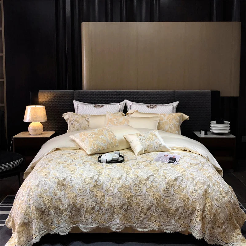 Gold Baroque European Luxury Egyptian Cotton Patchwork Bedding Set