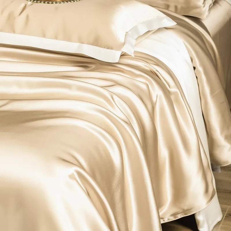 Champagne Gold Silver Mulberry Silk Top Grade Soft Comfy Wedding Bedding Set
