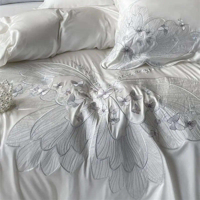 Chic White Butterfly Embroidered Luxury Lyocell Fabric Bedding Set