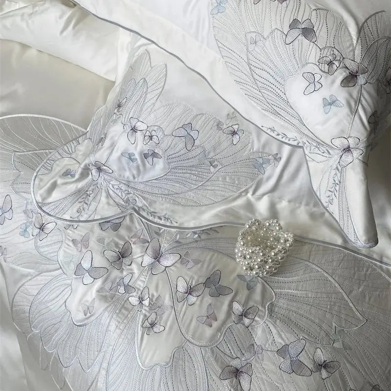 Chic White Butterfly Embroidered Luxury Lyocell Fabric Bedding Set